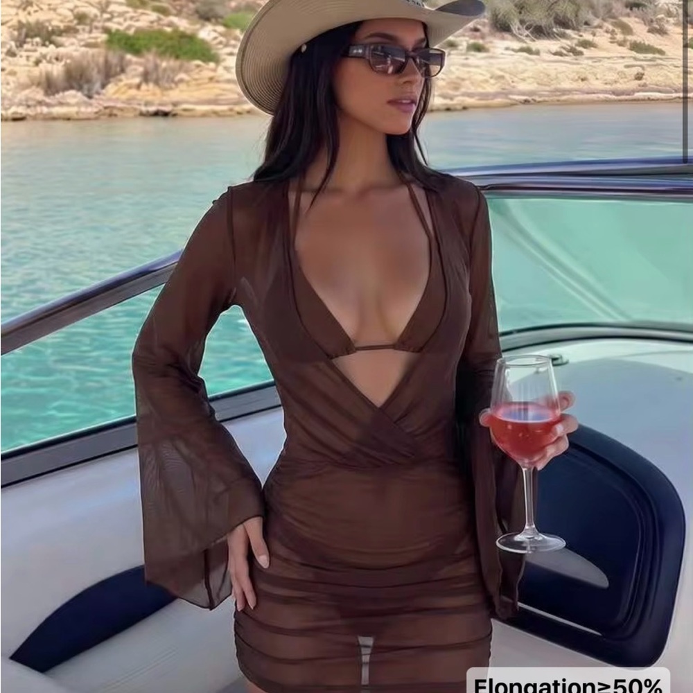 SHEIN Brown Sheer Mesh Wrap Swim Cover-Up with Bell Sleeves